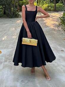 Women's Elegant European-Style Pleated Spring Party Dress With Defined Waist - Black - View 1