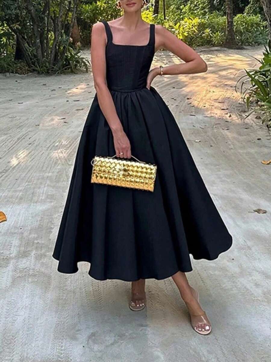 Women's Elegant European-Style Pleated Spring Party Dress With Defined Waist - Black - View 1