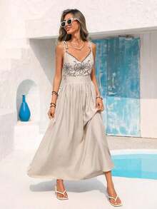 Vestido de playa para mujer con cuello en V, espalda descubierta, cintura ceñida y bajo suelto - Albaricoque - Ver 5