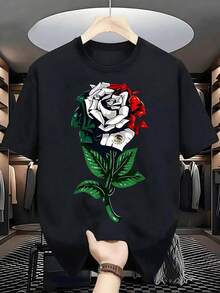 Rosa form por los colores de la bandera de México con pétalos blancos rojos y verdes que simbolizan unidad y orgullo nacional acompa?por hojas verdes vibrantes camiseta de hombre 100% algodón 220g - Negro - Ver 8