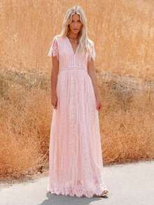 Vestido largo de gasa escote profundo elegante para otoño invierno - Rosa - Ver 7