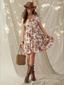 Vestido corto de manga corta básico para uso diario, con estampado nómada vintage de estilo occidental y campestre, para mujer en primavera/verano - Multicolor - Ver 5