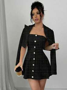 Set de 2 piezas  Traje sexy de fiesta: Vestido sin tirantes + Chaqueta corta, look elegante y de alta gama para mujeres - Negro - Ver 5
