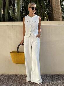 Conjunto de top ajustado de cuello redondo sin mangas y jeans de corte holgado para mujer - Blanco 2 - Ver 5
