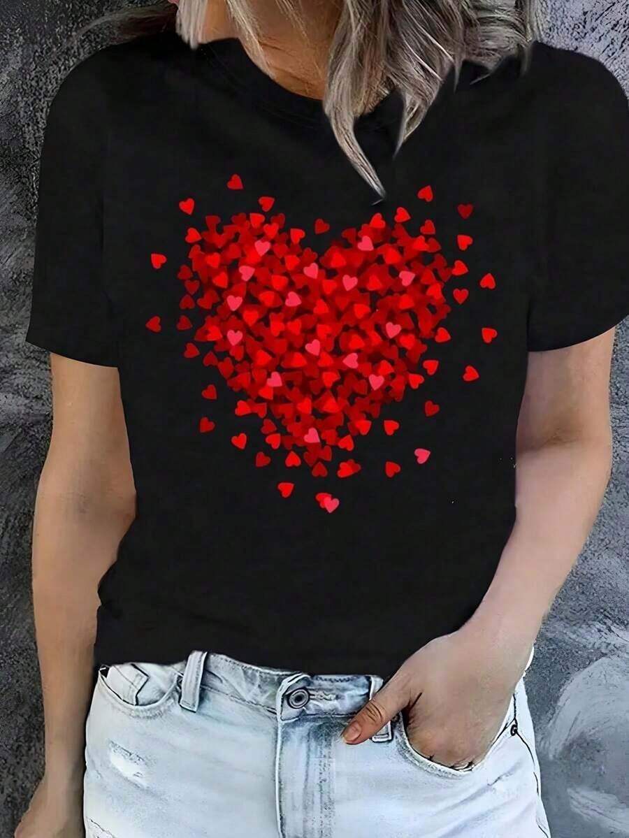 100% Cotton Black Oversized T-Shirt With Red Heart Graphic, Romantic Aesthetic Valentine's Day T-Shirt, Feminine Design Blouse With Love Theme, Gift Tops For Anniversary And Girlfriend - 黑色 - 查看 1