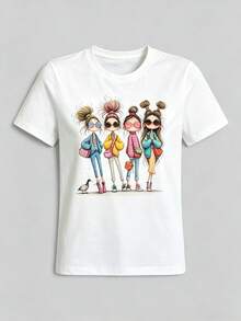 Women's Four Stylish Girls Fashion Graphic T-Shirt, Streetwear Casual Summer Tops For Women, 100 Percent Cotton Soft Breathable Loose Fit Short Sleeve Tee, Summer Outfits For Women, Plus Size Available, Going Out Outfit, Girls Night Brunch Date Top - 白色 - 查看 7