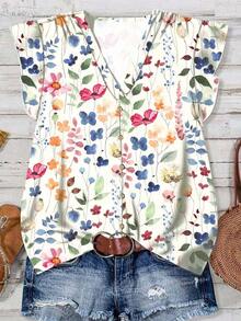Camisa casual con estampado total para mujer, adecuada para vacaciones de verano - Multicolor 4 - Ver 4
