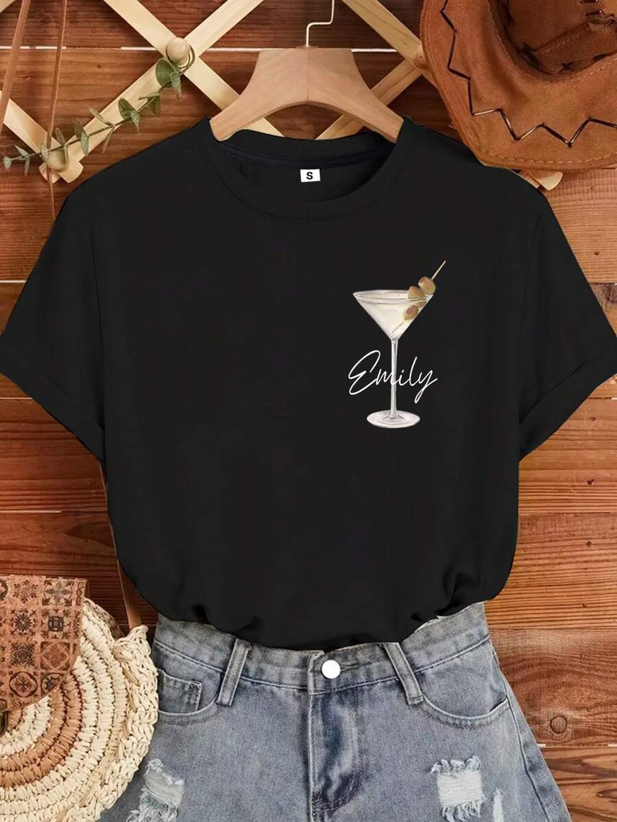 Camiseta manga corta cuello redondo 100% algodón, estampado trendy, tejido ligero y ventilado, estilo moda casual, apta para vida diaria, salidas informales y citas en primavera, verano y otoño - Negro - Ver 1