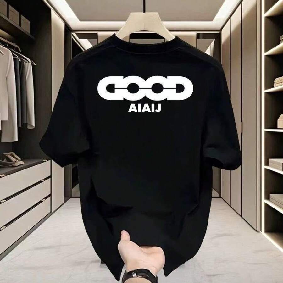 [Ropa de Hombre de Alta Calidad]Camiseta de Manga Corta de Algodón Puro, Versátil, Corte Holgado, Estampado Minimalista, Diseño Creativo, Marca de Moda 5HIR - 250 g de algodón puro - negro DOOD - Ver 1