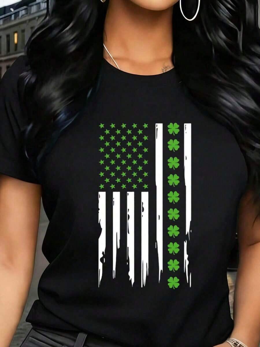 Printed T-Shirts For Women, Plus-Size Urban Style Tops, Comfortable And Stylish Summer T-Shirts That Go With Everything. Women's T-Shirt With A St. Patrick's Day Flag Print, Casual Short-Sleeved Top For Parties And Festivals. - 黑色 - 查看 1