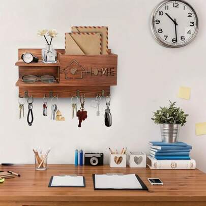 1pc 2D Flat Bismillah Themed Wooden Key Holder Hook, Multipurpose Home Decor Key Organizer With 4 Metal Hooks, Wall, Entryway, Room, Villa Decoration, Year-Round Home Accessory