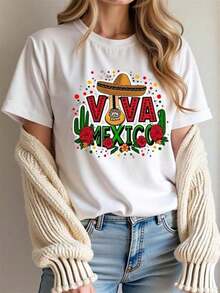 1pcs Women's T-shirt,Camiseta de Mujer con Temática Mexicana|Manga Corta, Cuello Redondo con Estampado de Mariachi Bailarín y Sombrero, Diseño de Cactus y Chile - Tejido Suave Opaco, No Transparente, Ropa Casual para Fiesta Mexicana o Atuendo Casual, Lavable a Máquina, Color Negro,Graphic Tees,Vintage T-Shirts,180g 100%cotton(S-3XL) - Blanco - Ver 1