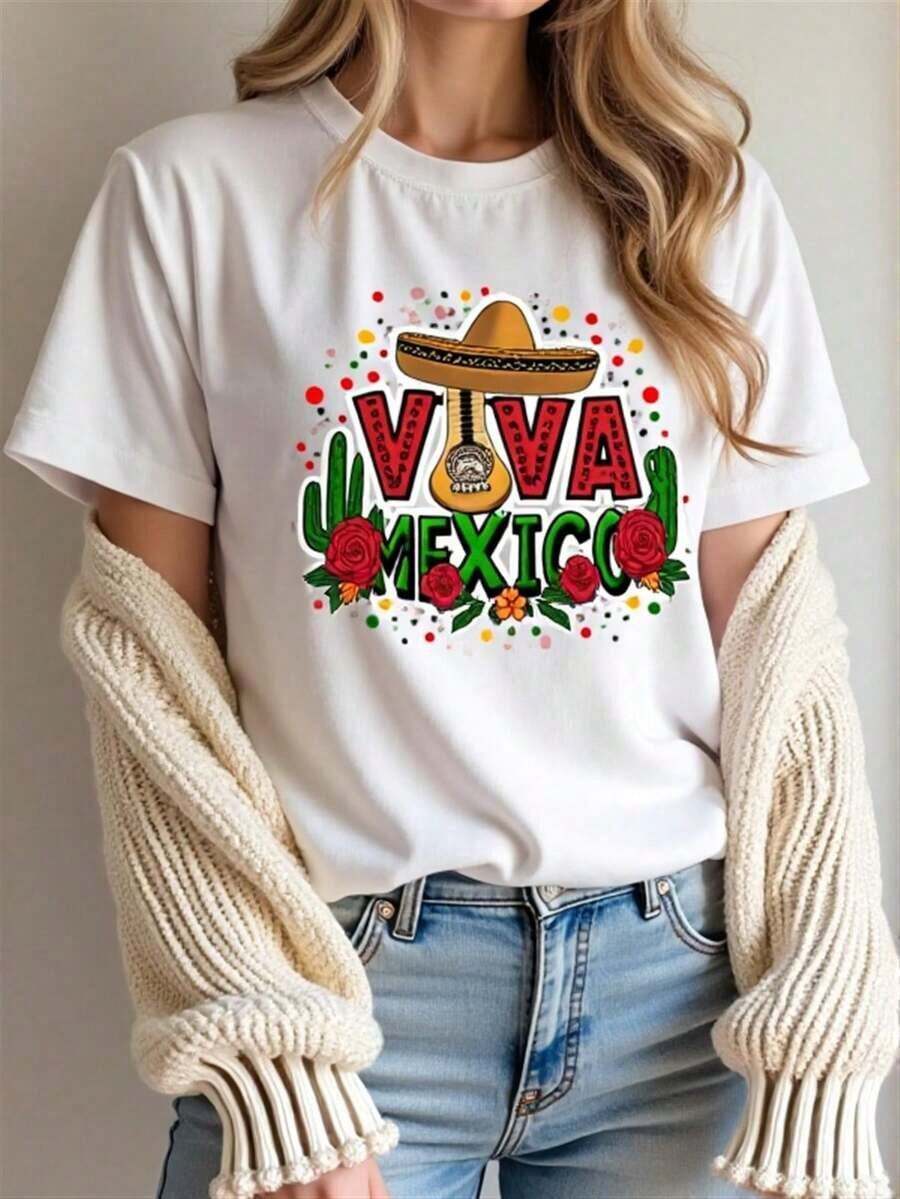 1pcs Women's T-shirt,Camiseta de Mujer con Temática Mexicana|Manga Corta, Cuello Redondo con Estampado de Mariachi Bailarín y Sombrero, Diseño de Cactus y Chile - Tejido Suave Opaco, No Transparente, Ropa Casual para Fiesta Mexicana o Atuendo Casual, Lavable a Máquina, Color Negro,Graphic Tees,Vintage T-Shirts,180g 100%cotton(S-3XL) - Blanco - Ver 1