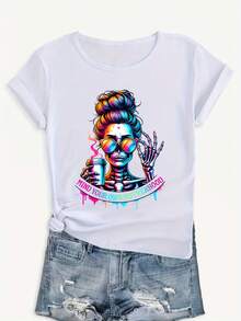 Playera de Mujer con Estampado de Calavera Colorida "Mind Your Own Motherhood" Estilo Urbano Moderno Manga Corta Suave - Blanco - Ver 3
