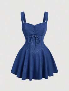 MOD Vestido corto de peto vaquero de mujer, informal y entallado, color azul - Azul lavado oscuro - Ver 5