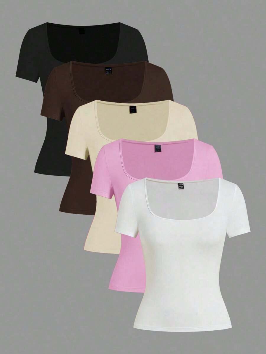 Set de 3 camisetas de punto para mujer, multicolor, camisetas básicas de primavera/verano para mujer, tops ajustados básicos, paquete de tops básicos, tops básicos para mujer, tops de ajuste ceñido, tops básicos, tops de mujer de cuello cuadrado, tops de verano para mujer, tops de manga corta para mujer, tops de verano para mujer, camisetas de mujer - Multicolor 9 - Ver 1