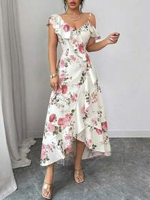 Vestido largo rosa de estilo retro romántico para mujer, con estampado floral, cuello oblicuo, volantes en el bajo e bajo irregular, ideal para vacaciones en la playa, reuniones diarias, citas y fiestas - Albaricoque - Ver 6
