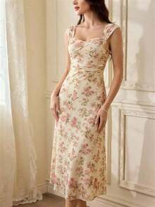 Vestido ajustado con estampado floral vintage, tirantes ajustables, cintura entallada, longitud hasta la rodilla, fondo color albaricoque con flores rosas - Rosa - Ver 7