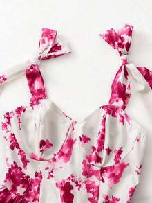 Vestido elegante con estampado floral y hombros con lazo, adecuado para vacaciones - Rosa Fucsia - Ver 4