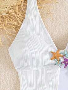 Conjunto de traje de baño de 3 piezas con camiseta de tirantes, bikini y falda de tela texturizada con decoración de estrella de mar en unicolor, para verano y vacaciones en la playa, color blanco - Blanco - Ver 4
