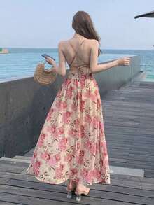 Vestido de verano con estampado floral, escote en V, espalda descubierta y tirantes finos para mujer.Conjunto de ropa de crucero, vestido de playa, atuendo de vacaciones, atuendo de Pascua con estilo bohemio - Rosa - Ver 5