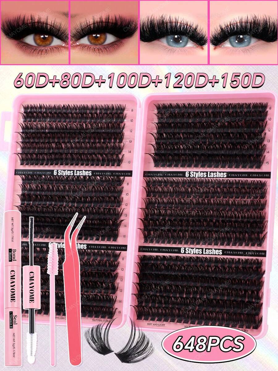 720片睫毛嫁接套装，D卷度，8-16毫米，10D-150D单根睫毛，包含睫毛胶水、卸妆液、眼线笔、睫毛夹。自然妆效，浓密纤长，超柔软，可重复使用分段式假睫毛，适合日常、节日、婚礼等场合。