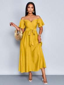 Vestido elegante de resort para mujer con escote y ajuste ceñido, apto para vacaciones, vida diaria y citas - Amarillo - Ver 4