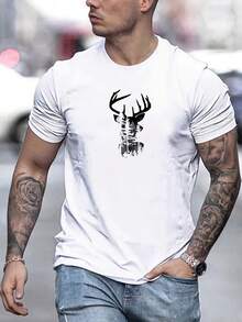 Camiseta Casual de Verano para Hombre con Estampado de Cabeza de Ciervo, Manga Corta y Cuello Redondo - Verde oscuro - Ver 9