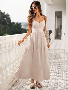 Vestido de playa para mujer con cuello en V, espalda descubierta, cintura ceñida y bajo suelto - Albaricoque 2 - Ver 4