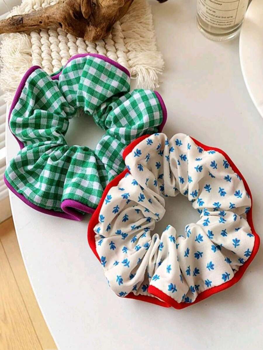 Bộ 1 dây buộc tóc vải kẻ caro hoa văn thường ngày dành cho nữ, thích hợp đi làm. - Nhiều màu - Xem 1