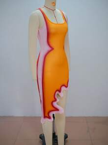 Vestido tirantes estampado ajustado falda irregular verano 2026 - Dorado - Ver 7