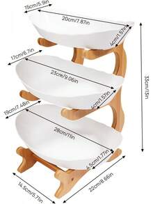 3-Tier Servierschalen mit Ständer, Dreistöckige Obstschale mit Natürlichem Bambus Holz Stand, Snack Dessert Kuchen Tablett Teller Rack für Party Hochzeit, Holz, Weiß - 1 - Übersicht 6