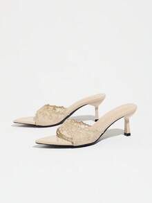 Sandal Wanita, Mules Bordir Renda, Cocok untuk Pesta Musim Semi/Panas, Pertemuan, Perjalanan, Peragaan Busana, Pernikahan. Ujung Lancip, Hak Kitten, Slip-On Ujung Terbuka, Terbuat dari Bahan Berkualitas Tinggi dengan Lapisan Cermin Lembut, Sandal Hak Tinggi yang Elegan dan Modis dalam Warna Aprikot - Aprikot - View 6