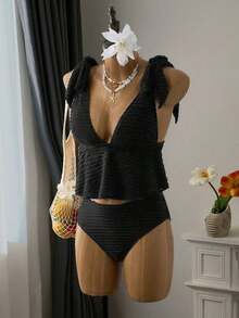 Conjunto de top halter y Bottom de bikini de tela texturizada especial para mujer, traje de baño de punto para vacaciones y playa, conjunto de traje de baño amarillo, conjunto de traje de baño amarillo tipo tankini con volantes, traje de baño ama - Negro - Ver 5