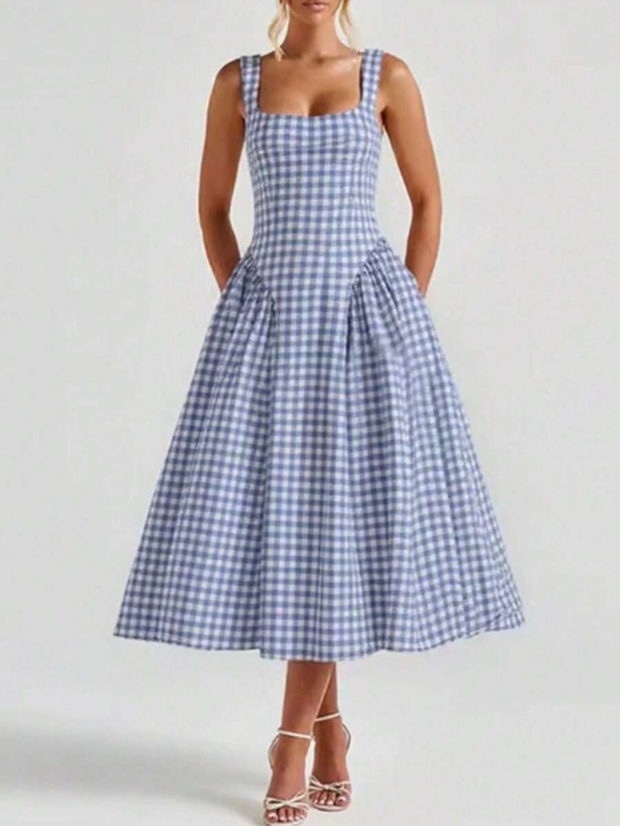 Vestido largo primavera 2026, tirantes estampado ajustado, estilo fresco y dulce - Azul - Ver 1