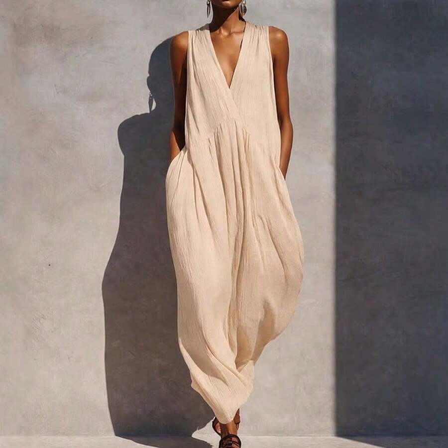 Vestido midi de verano para mujer escote en V unicolor talla grande moda vacaciones nuevo diseño - Caqui - Ver 1