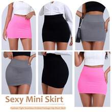 Women's Basic Elastic High Waist Fitted Pencil Mini Skirt, Summer Ribbed Knit Casual Short Skirt, Hip-Length Short Skirt, Fashion Streetwear - 黑色 - 查看 3