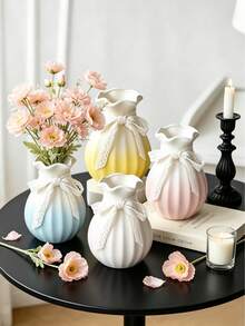 One PC Gradient Ceramic Flower Vase, Lace Bow Ruffle Floral Container, Minimalist Aesthetic Tabletop Vase, Decor Ornament For Fresh Dried Flower, Living Room Balcony Bedroom Desktop Home Display - 1PC - View 2