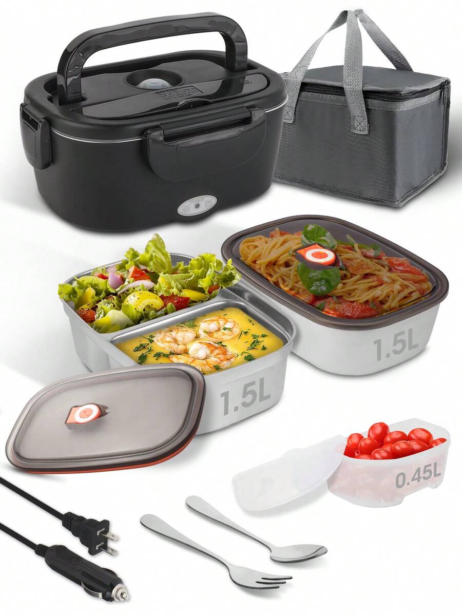 1.5L Electric Lunch Box With Dual Inner Containers, 3in 1 Ultra Heated Lunch Boxes, With Leakproof Removable Container, Cutlery & Insulated Cooler Bag For Car, Truck, Work, Camping & Meal Heating, Travel Food Warmer - US A Type Plug(110-127V) - View 1