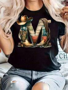 Oferta especial en tallas grandes: 1pc camiseta deportiva de manga corta y cuello redondo para mujer, 100 % algodón, de 180 g. Diseñada por un artista Y2K al estilo Bababask, ideal para el día a día, fiestas y todo tipo de celebraciones. Con un estampado de letras elegante y moderno, es perfecta tanto para regalar como para combinar en pareja, y se puede llevar en cualquier época del año. - Negro - Ver 1