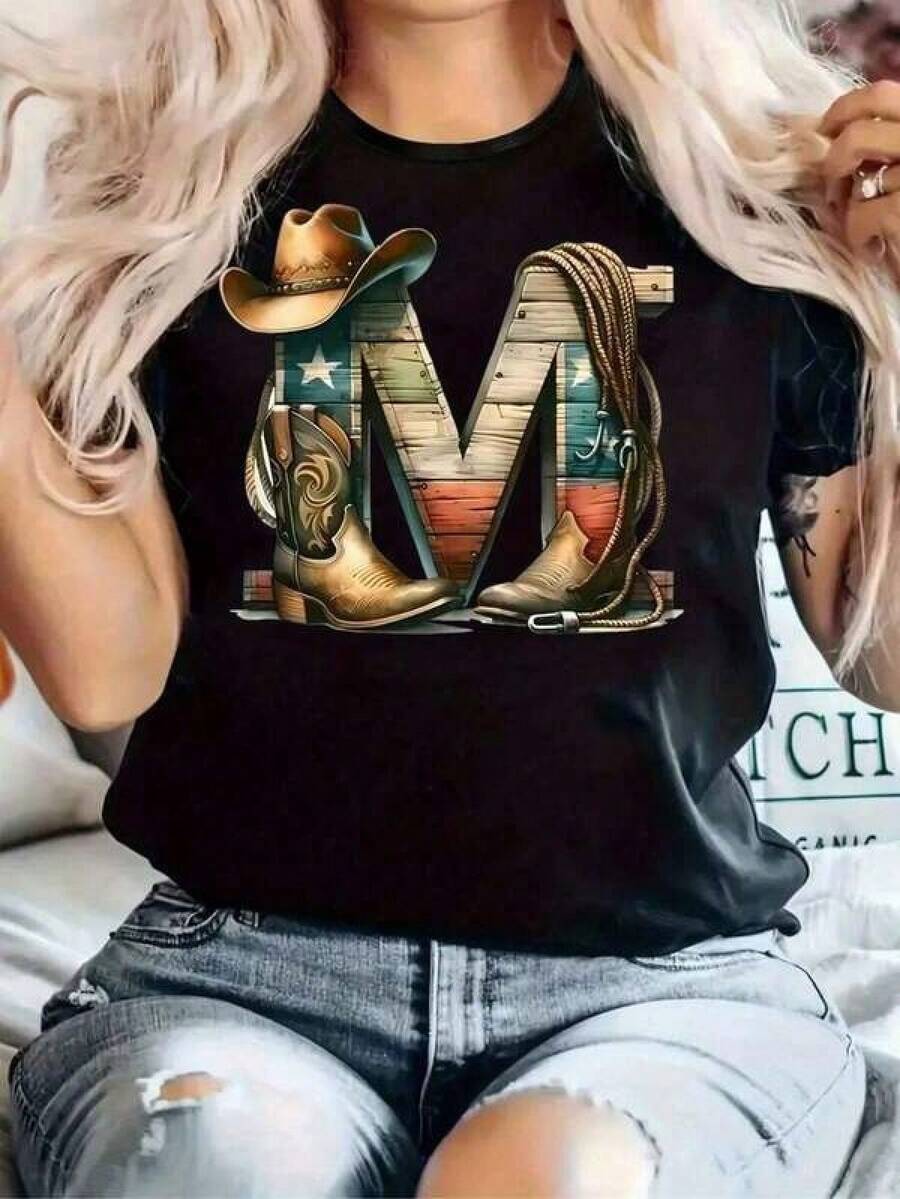 Oferta especial en tallas grandes: 1pc camiseta deportiva de manga corta y cuello redondo para mujer, 100 % algodón, de 180 g. Diseñada por un artista Y2K al estilo Bababask, ideal para el día a día, fiestas y todo tipo de celebraciones. Con un estampado de letras elegante y moderno, es perfecta tanto para regalar como para combinar en pareja, y se puede llevar en cualquier época del año. - Negro - Ver 1