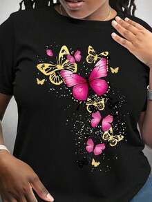 Camiseta casual de manga corta con cuello redondo y estampado de mariposas para mujer de talla grande - Negro - Ver 1