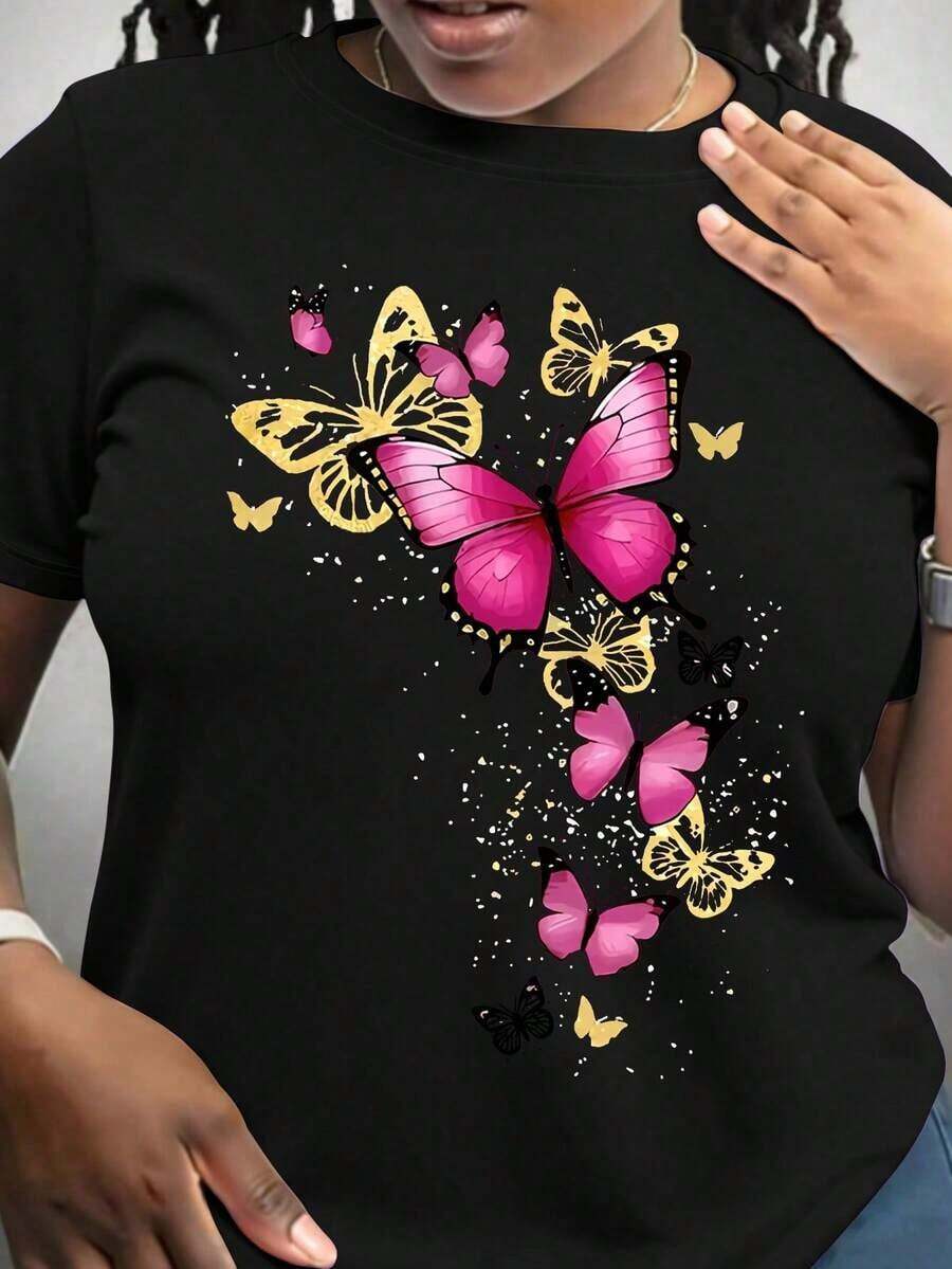 Camiseta casual de manga corta con cuello redondo y estampado de mariposas para mujer de talla grande - Negro - Ver 1