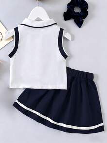 Áo thun cổ polo in hình trái tim và trang trí ruy băng cho bé gái tuổi teen, váy ngắn xếp ly, trang phục thường ngày - Xanh đậm - Xem 2