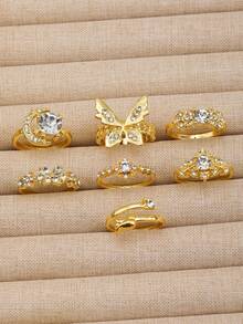 Bộ nhẫn nữ 7 món kiểu Bohemian hình trăng khuyết và bướm, đính kim cương, hoàn hảo cho các bữa tiệc hàng ngày và làm quà tặng. - Nhiều màu - Xem 4
