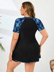 Swim  Nuevo traje de baño de una pieza elegante, traje de baño informal con estampado de hojas para mujeres de talla grande, traje de baño de una pieza para mujeres de talla grande, conjunto de shorts de dos piezas para mujeres de talla grande, traje de baño de una pieza para mujeres con curvas, conjunto de shorts para mujeres con curvas - Azul - Ver 2