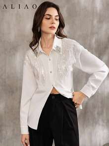 Blusa blanca de manga larga con estilo francés elegante y brillante de Aliao, digna y apropiada, adecuada para mujeres en primavera, festivales, vacaciones, conciertos y otras ocasiones, color negro - Blanco - Ver 6