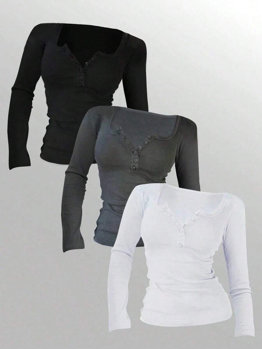 Camiseta de manga larga de unicolor informal para mujer, versátil y sencilla, para otoño - Multicolor 5 - Ver 1
