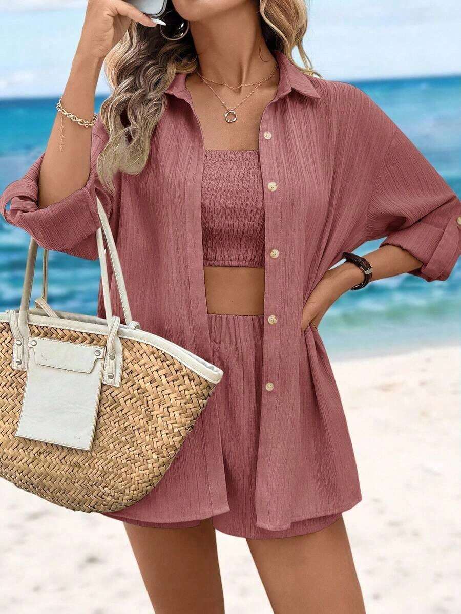 Conjunto de dos piezas de mujer en tela tejida color caqui: Top corto casual con cuello y pantalones cortos con mangas a la muñeca y detalles de bolsillo, para vacaciones - Rosa - Ver 1