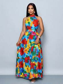 Vestido largo de mujer con estampado floral en todo el vestido, estilo halter con cinturón, fluido para vacaciones - Azul 2 - Ver 4